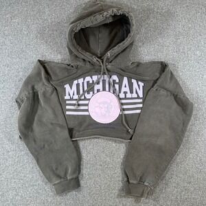 Missguided Hoodie Womens 4 Cropped Michigan Graphic Charcoal Grey Raw Hem